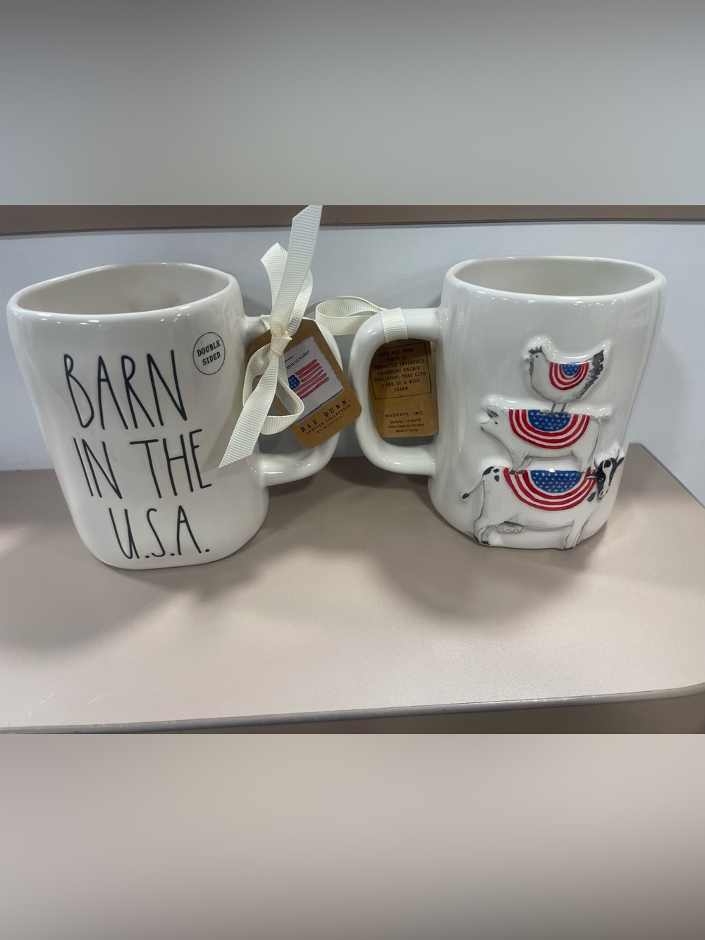 Rae Dunn BARN IN THE USA double sided 3d patriotic Farm Animal Mug - NEW
